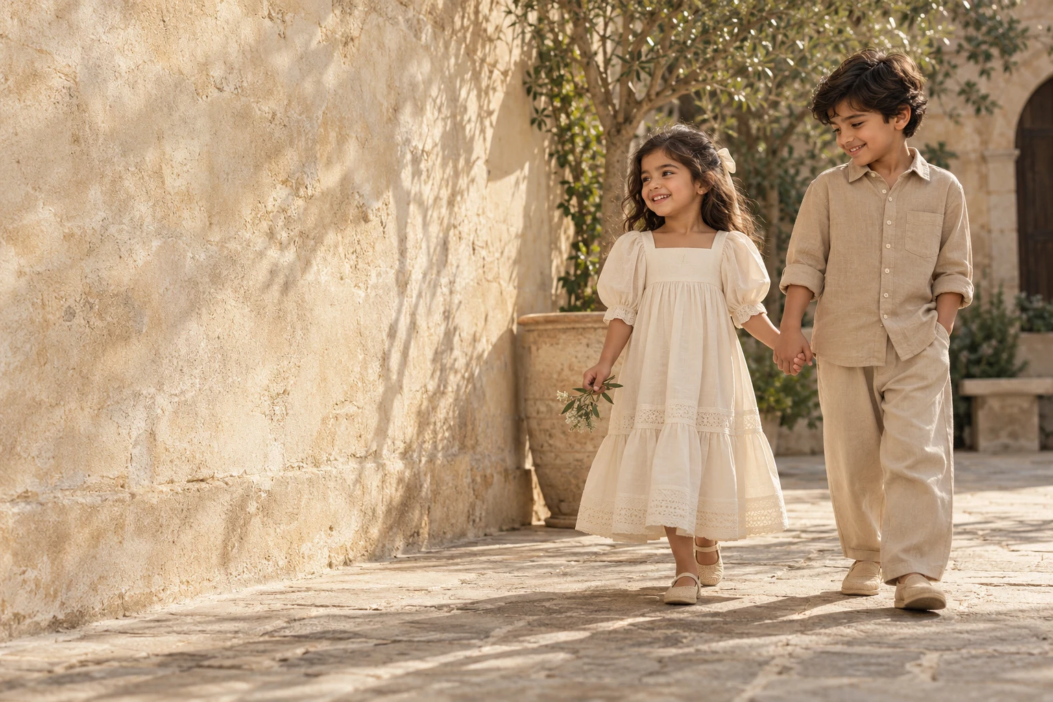 Children in cream and sand outfits walking through a sunlit courtyard
